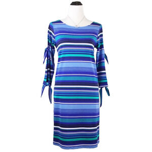 NWT Cupio Blue Striped Knit Shift Dress with Tie Sleeves Women's Size M